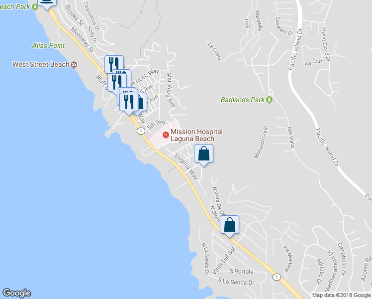 map of restaurants, bars, coffee shops, grocery stores, and more near 31862 8th Avenue in Laguna Beach