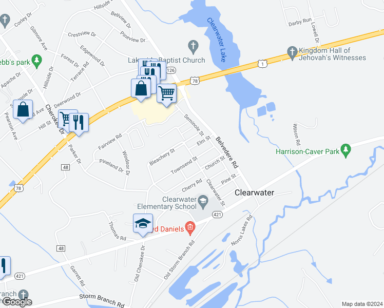 map of restaurants, bars, coffee shops, grocery stores, and more near 1 Townsend Street in Clearwater