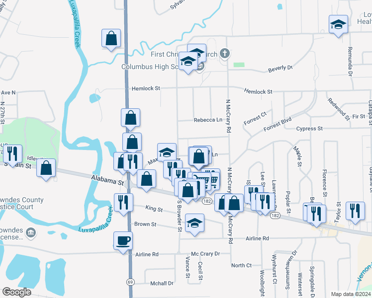 map of restaurants, bars, coffee shops, grocery stores, and more near 205 East Manor Drive in Columbus