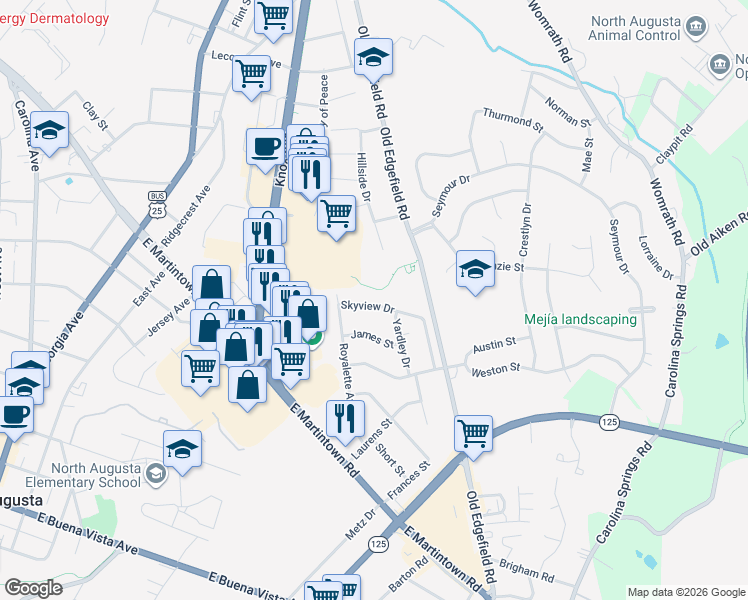 map of restaurants, bars, coffee shops, grocery stores, and more near 1008 Skyview Drive in North Augusta