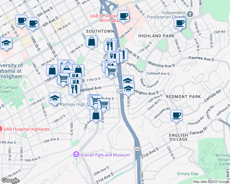 map of restaurants, bars, coffee shops, grocery stores, and more near 1316 21st Way South in Birmingham