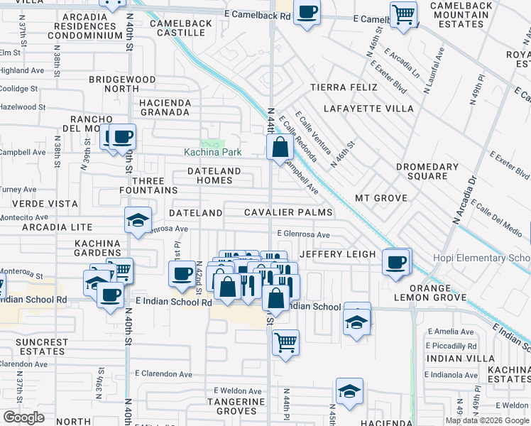 map of restaurants, bars, coffee shops, grocery stores, and more near 4342 East Montecito Avenue in Phoenix