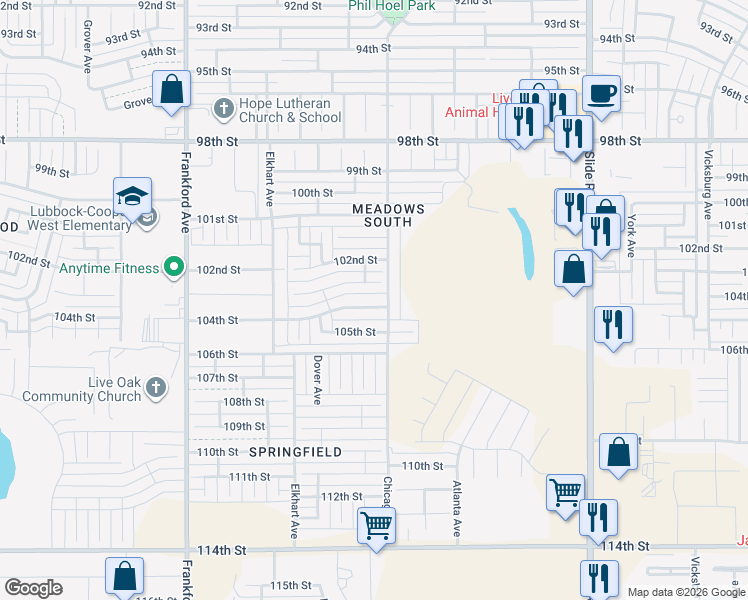 map of restaurants, bars, coffee shops, grocery stores, and more near 10309 Chicago Avenue in Lubbock