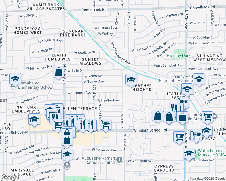 map of restaurants, bars, coffee shops, grocery stores, and more near 7144 West Glenrosa Avenue in Phoenix