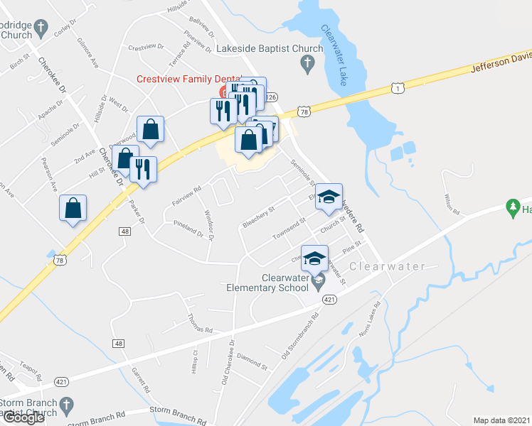map of restaurants, bars, coffee shops, grocery stores, and more near 209 Bleachery Street in Clearwater