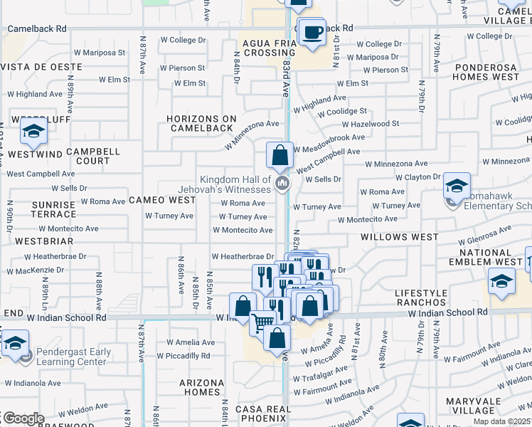 map of restaurants, bars, coffee shops, grocery stores, and more near 8322 West Turney Avenue in Phoenix