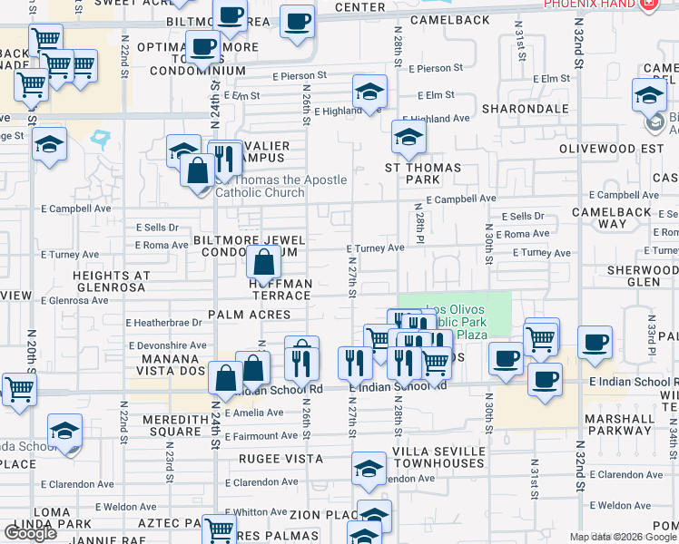 map of restaurants, bars, coffee shops, grocery stores, and more near 4320 North 27th Street in Phoenix
