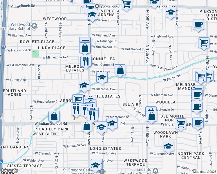 map of restaurants, bars, coffee shops, grocery stores, and more near 1720 West Glenrosa Avenue in Phoenix
