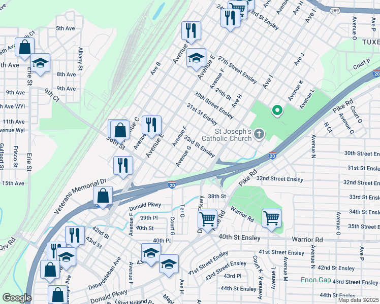 map of restaurants, bars, coffee shops, grocery stores, and more near 3317 Avenue G in Birmingham