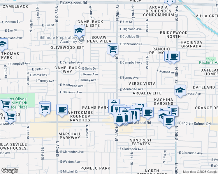 map of restaurants, bars, coffee shops, grocery stores, and more near 3539 East Montecito Avenue in Phoenix