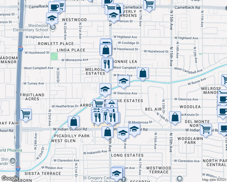 map of restaurants, bars, coffee shops, grocery stores, and more near 1850 West Glenrosa Avenue in Phoenix