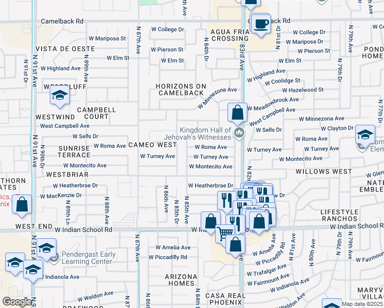 map of restaurants, bars, coffee shops, grocery stores, and more near 8448 West Turney Avenue in Phoenix