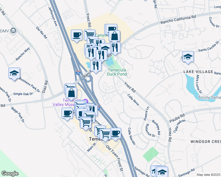 map of restaurants, bars, coffee shops, grocery stores, and more near 42945 Avenida Amistad in Temecula