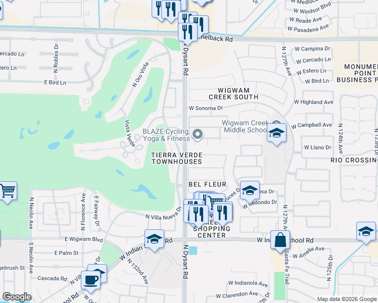 map of restaurants, bars, coffee shops, grocery stores, and more near 13032 West Llano Drive in Litchfield Park