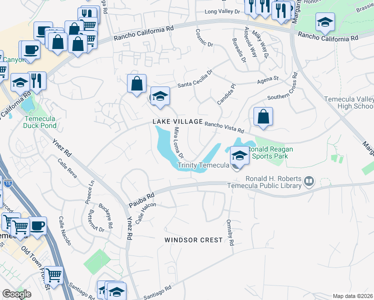 map of restaurants, bars, coffee shops, grocery stores, and more near 42793 Tierra Robles Place in Temecula