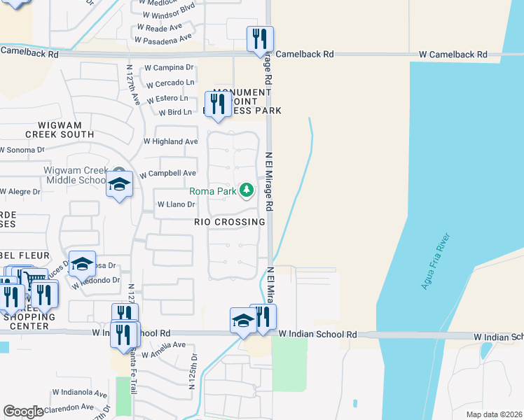 map of restaurants, bars, coffee shops, grocery stores, and more near 4449 North 123rd Drive in Avondale