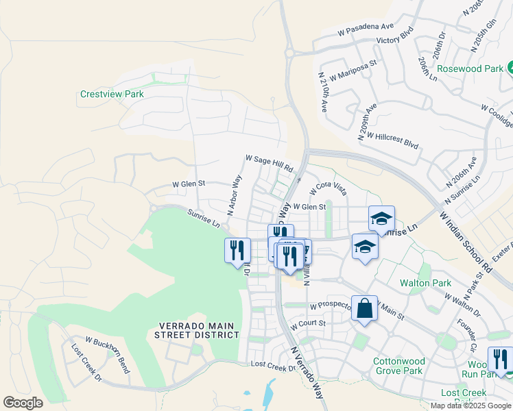 map of restaurants, bars, coffee shops, grocery stores, and more near 21156 West Sycamore Drive in Buckeye