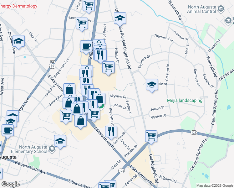 map of restaurants, bars, coffee shops, grocery stores, and more near 1008 Skyview Drive in North Augusta