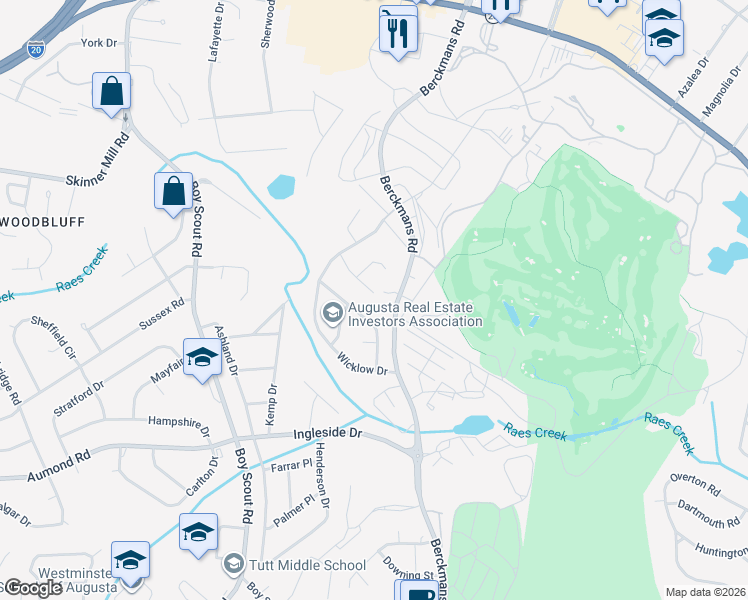 map of restaurants, bars, coffee shops, grocery stores, and more near 2704 West Terrace Drive in Augusta
