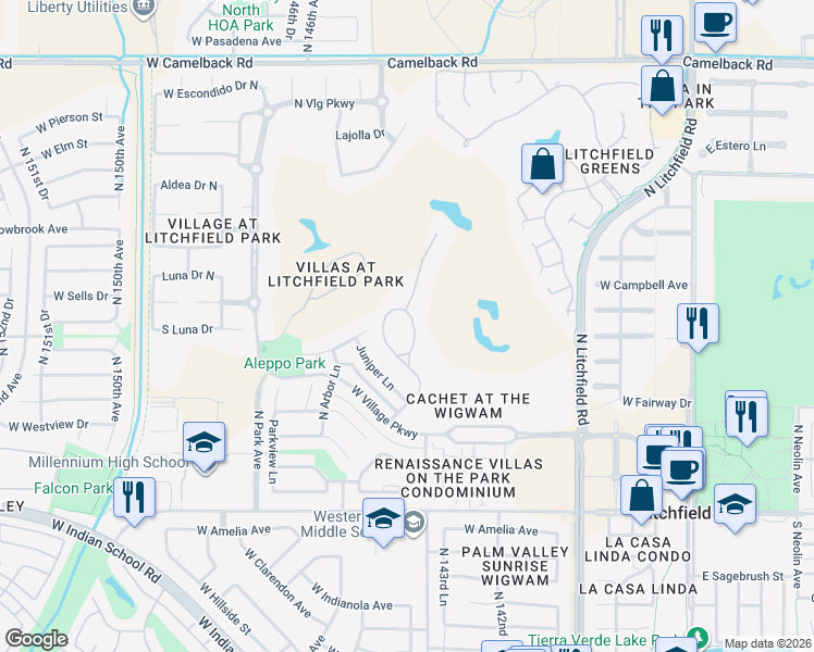 map of restaurants, bars, coffee shops, grocery stores, and more near 356 North Cloverfield Circle in Litchfield Park