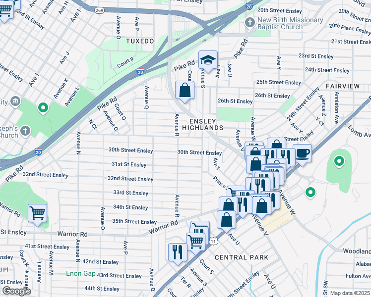 map of restaurants, bars, coffee shops, grocery stores, and more near 1814 30th Street Ensley in Birmingham