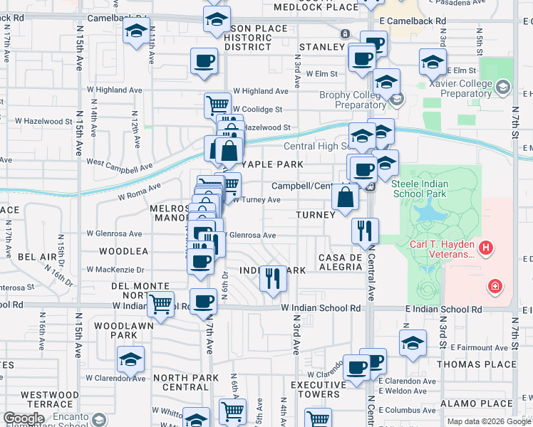 map of restaurants, bars, coffee shops, grocery stores, and more near 344 West Montecito Avenue in Phoenix