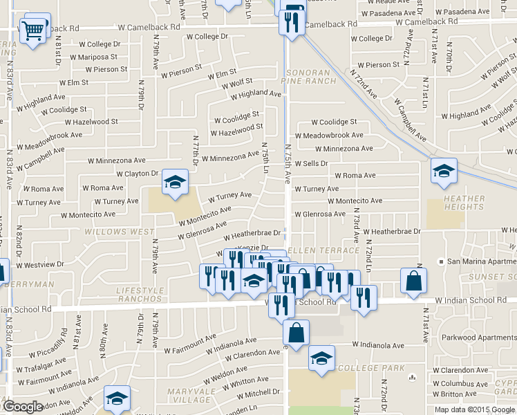 map of restaurants, bars, coffee shops, grocery stores, and more near 7529 West Montecito Avenue in Phoenix