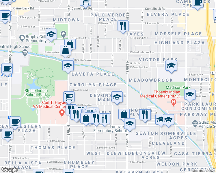 map of restaurants, bars, coffee shops, grocery stores, and more near 1017 East Turney Avenue in Phoenix