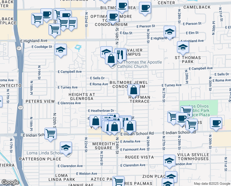 map of restaurants, bars, coffee shops, grocery stores, and more near 4332 North 24th Street in Phoenix