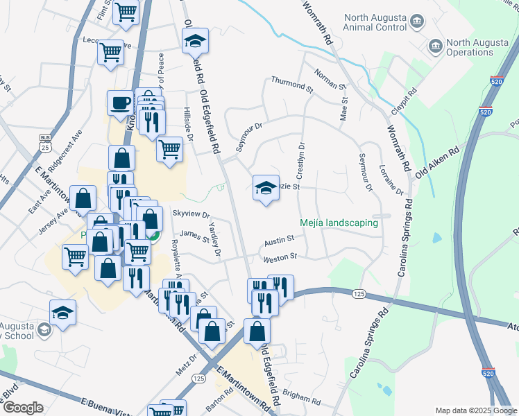 map of restaurants, bars, coffee shops, grocery stores, and more near 725 Old Edgefield Road in North Augusta