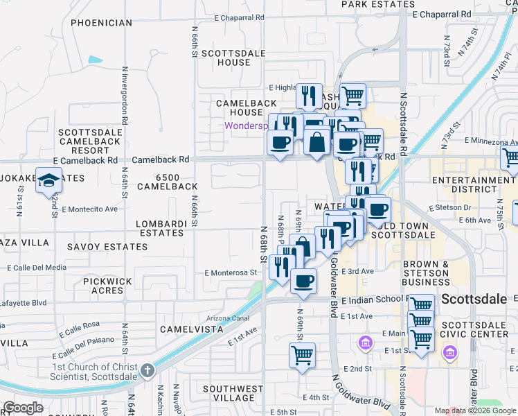 map of restaurants, bars, coffee shops, grocery stores, and more near 4327 North 68th Street in Scottsdale