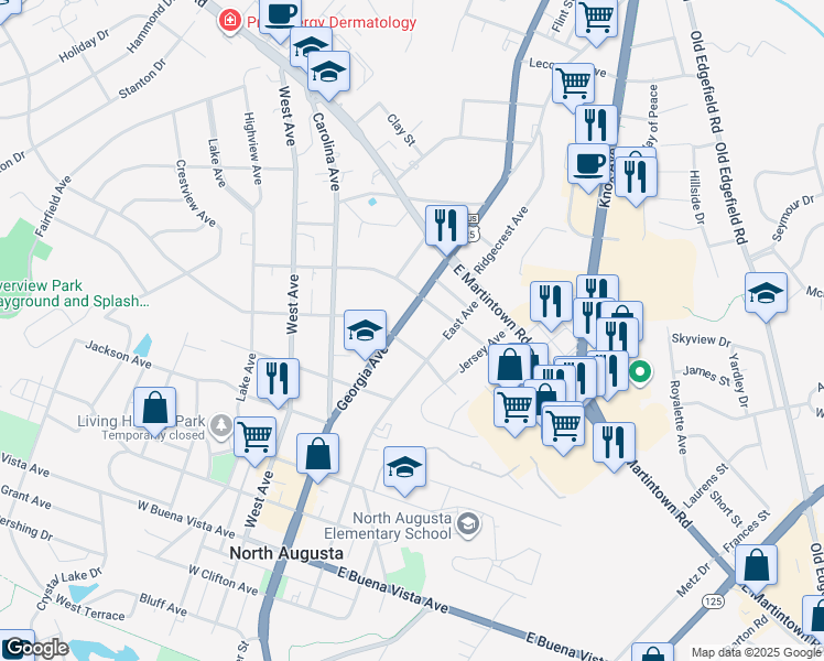 map of restaurants, bars, coffee shops, grocery stores, and more near 908 East Avenue in North Augusta