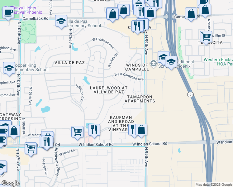 map of restaurants, bars, coffee shops, grocery stores, and more near 10014 West Montecito Avenue in Phoenix
