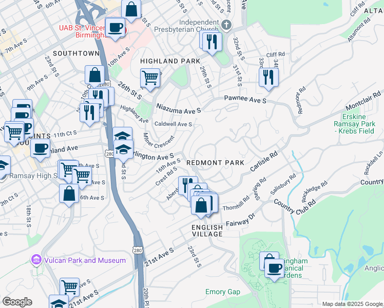 map of restaurants, bars, coffee shops, grocery stores, and more near 2824 Stratford Road South in Birmingham