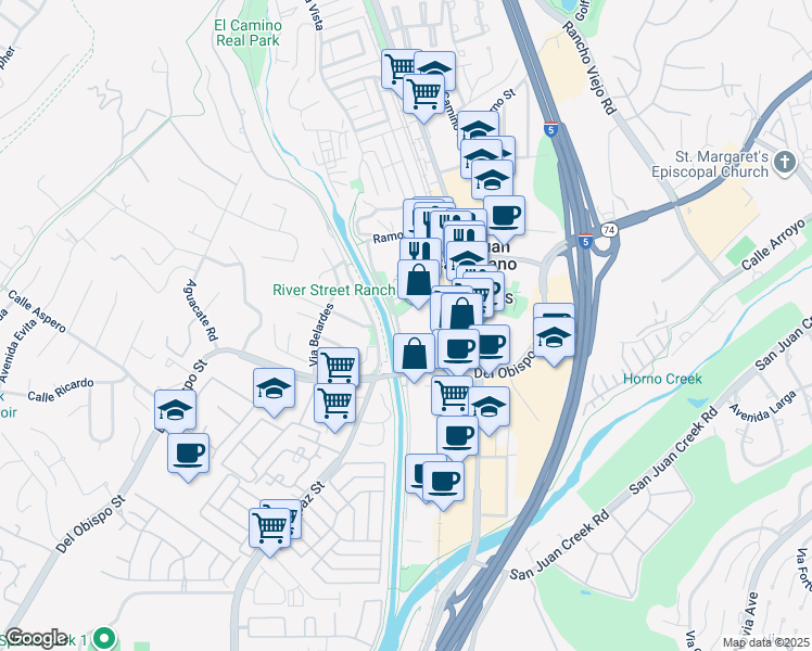map of restaurants, bars, coffee shops, grocery stores, and more near Trabuco Creek Trail in San Juan Capistrano