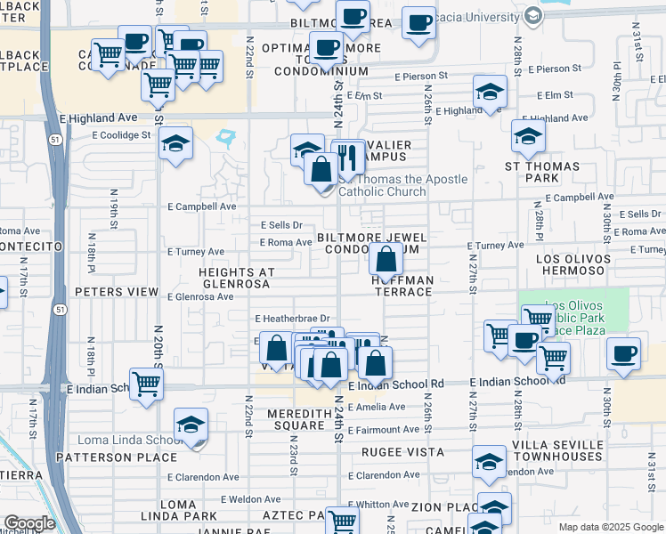 map of restaurants, bars, coffee shops, grocery stores, and more near 4332 North 24th Street in Phoenix