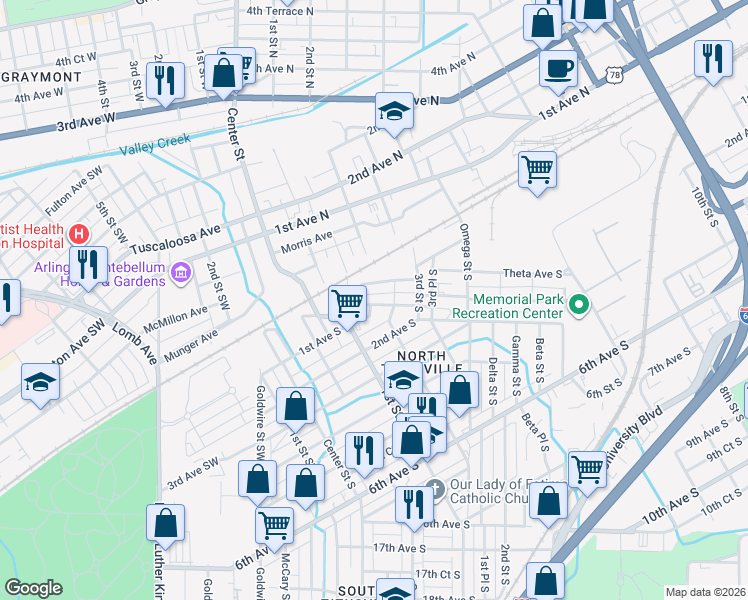 map of restaurants, bars, coffee shops, grocery stores, and more near 108 Kappa Avenue South in Birmingham