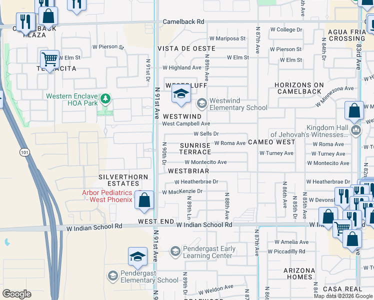 map of restaurants, bars, coffee shops, grocery stores, and more near 8940 West Turney Avenue in Phoenix
