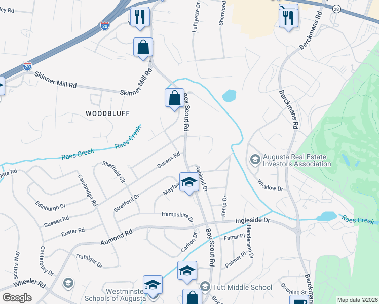 map of restaurants, bars, coffee shops, grocery stores, and more near 344 Boy Scout Road in Augusta