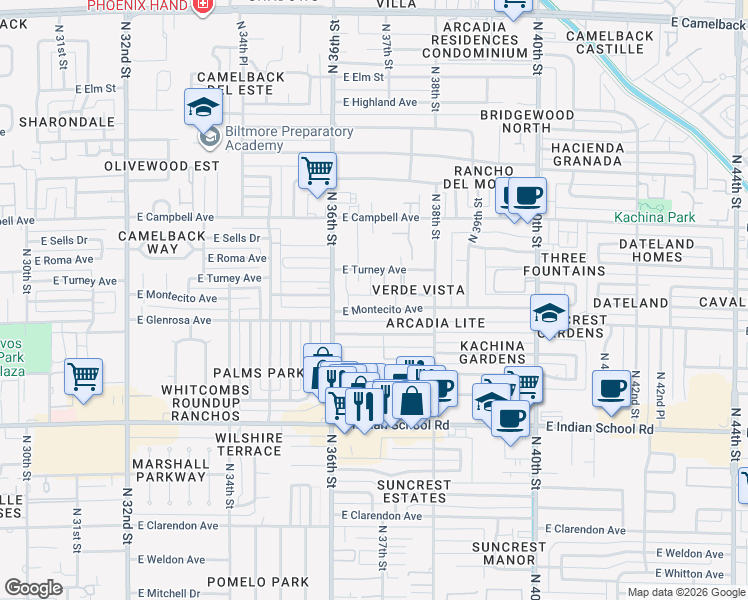 map of restaurants, bars, coffee shops, grocery stores, and more near 3646 East Montecito Avenue in Phoenix