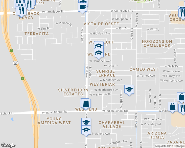 map of restaurants, bars, coffee shops, grocery stores, and more near 9030 West Turney Avenue in Phoenix