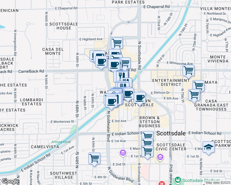map of restaurants, bars, coffee shops, grocery stores, and more near in Scottsdale