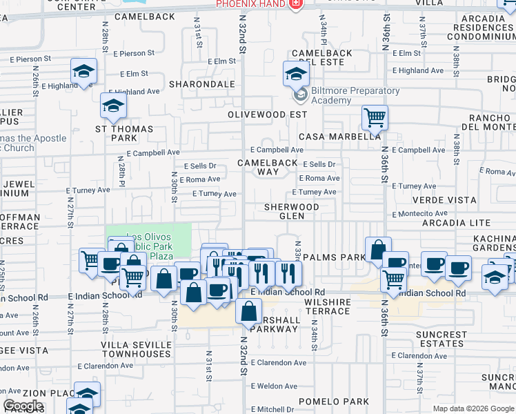 map of restaurants, bars, coffee shops, grocery stores, and more near 3200 East Glenrosa Avenue in Phoenix