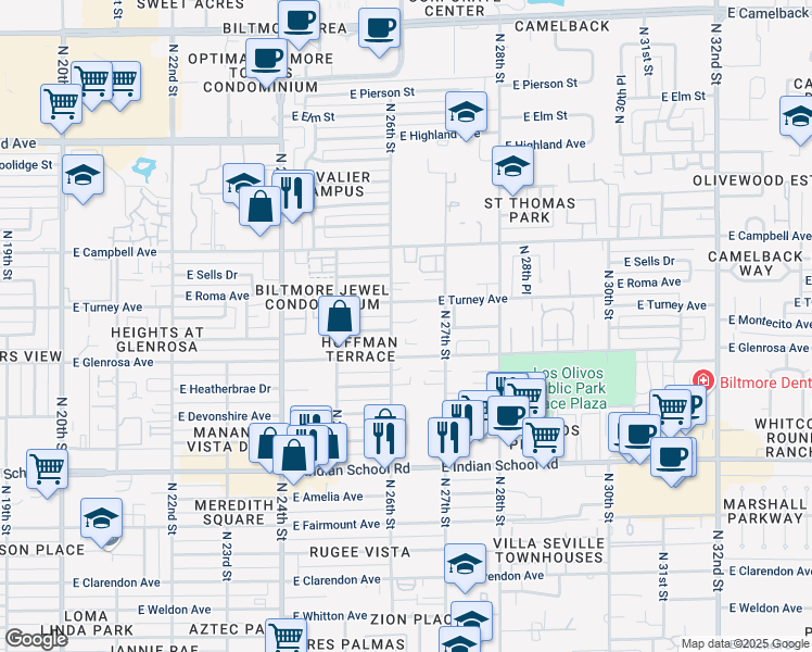 map of restaurants, bars, coffee shops, grocery stores, and more near 2546 East Montecito Avenue in Phoenix