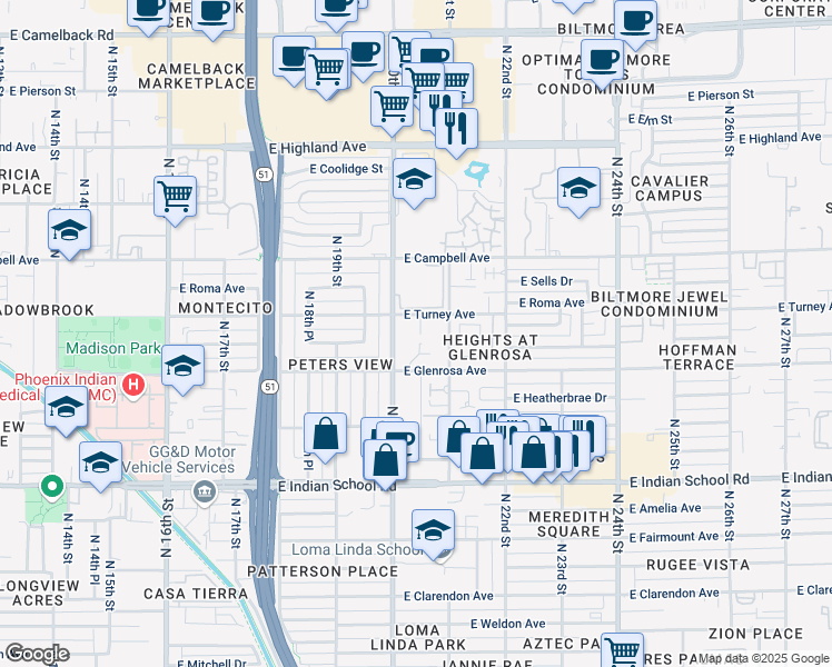 map of restaurants, bars, coffee shops, grocery stores, and more near 2019 East Turney Avenue in Phoenix