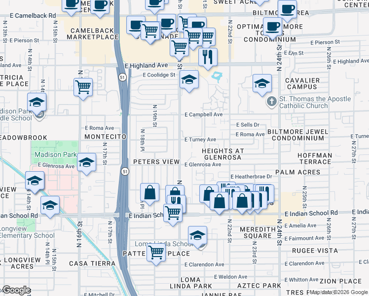 map of restaurants, bars, coffee shops, grocery stores, and more near 2019 East Turney Avenue in Phoenix
