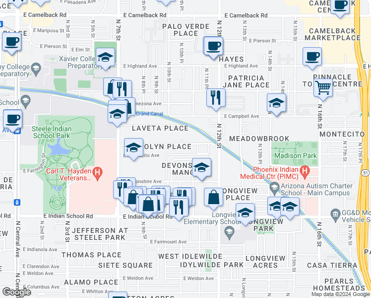 map of restaurants, bars, coffee shops, grocery stores, and more near 1017 East Turney Avenue in Phoenix