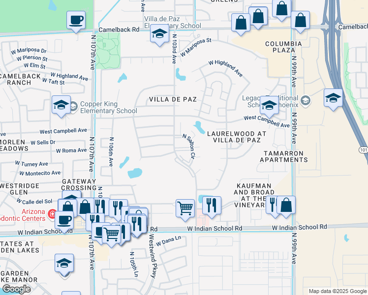 map of restaurants, bars, coffee shops, grocery stores, and more near 4405 North 103rd Avenue in Phoenix