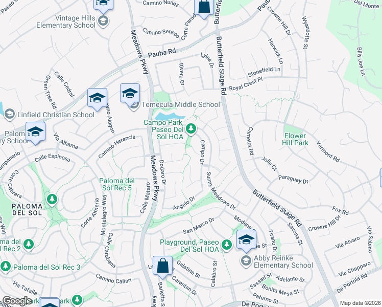 map of restaurants, bars, coffee shops, grocery stores, and more near 32583 Lama Court in Temecula
