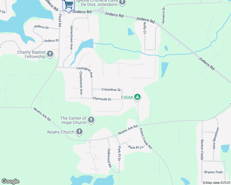 map of restaurants, bars, coffee shops, grocery stores, and more near 1020 Columbus Drive in Jonesboro